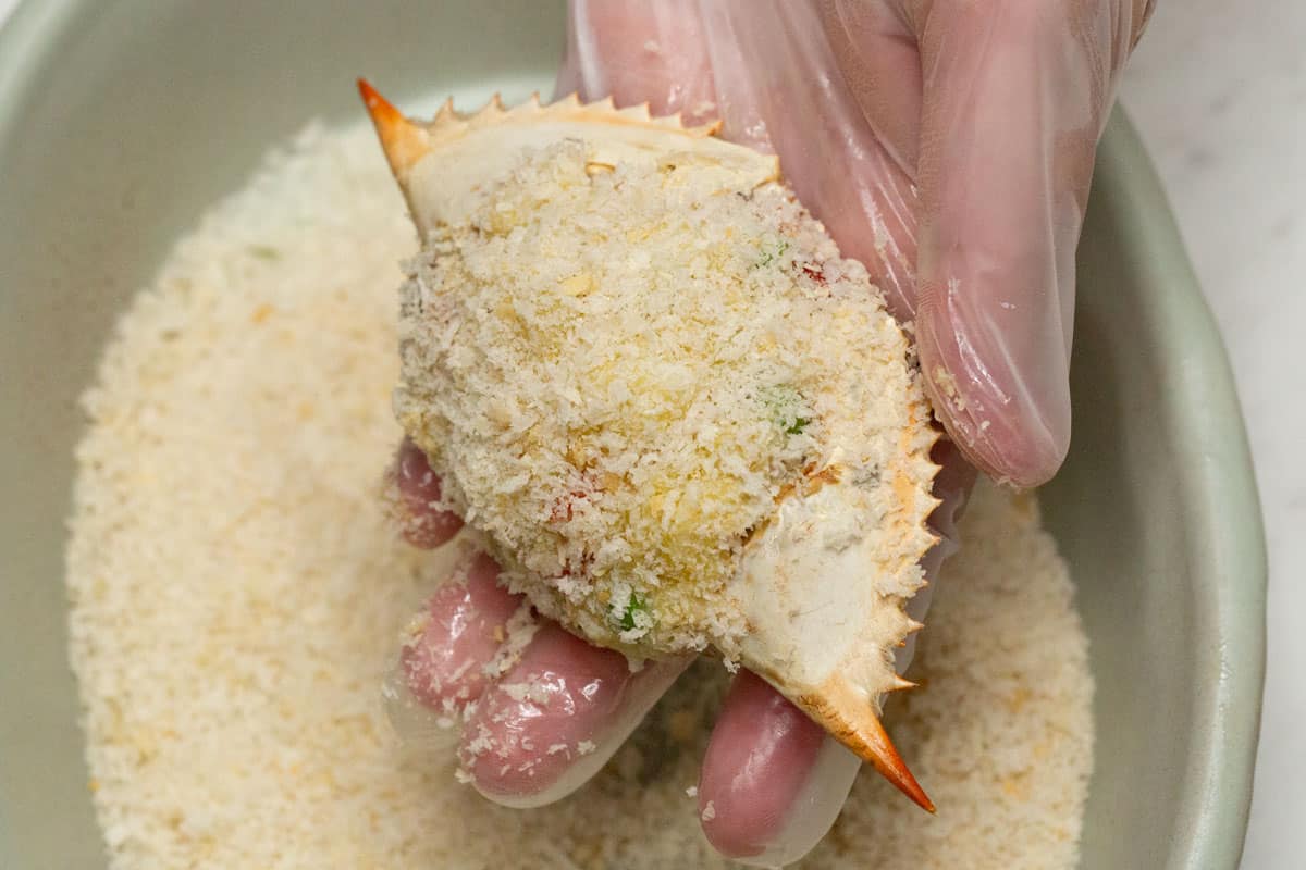 Filipino Crab Relleno (Relyenong Alimasag) breaded with Panko breadcrumbs.