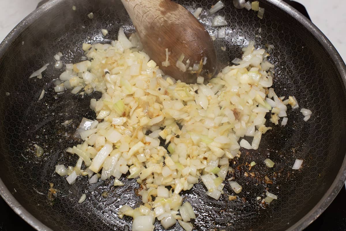 Sauteing the aromatics.