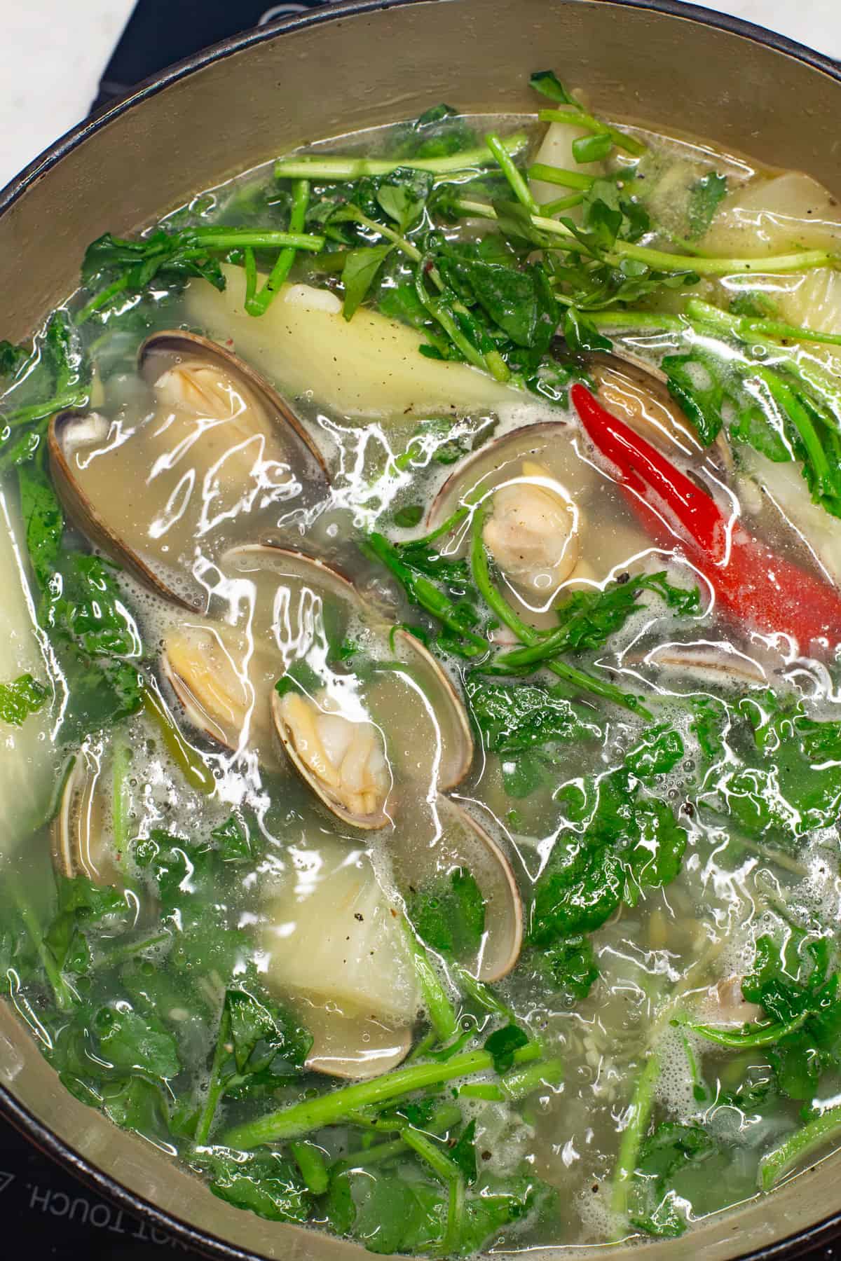 Filipino Clam Soup (Tinolang Halaan) in a pot.