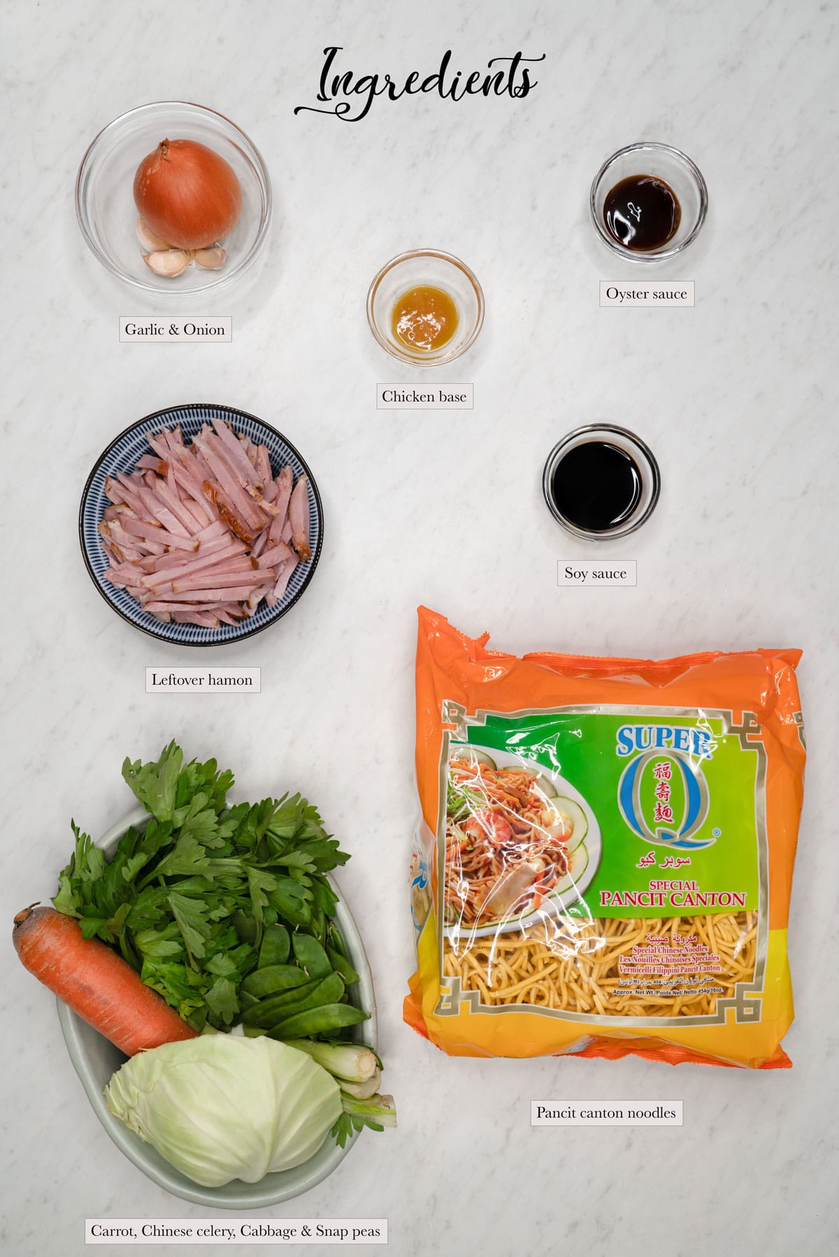 Individual ingredients for Pancit Canton with Hamon