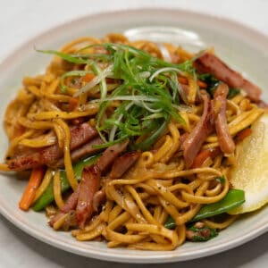 Pancit Canton with Hamon (Easy Leftover Ham Recipe) on a plate