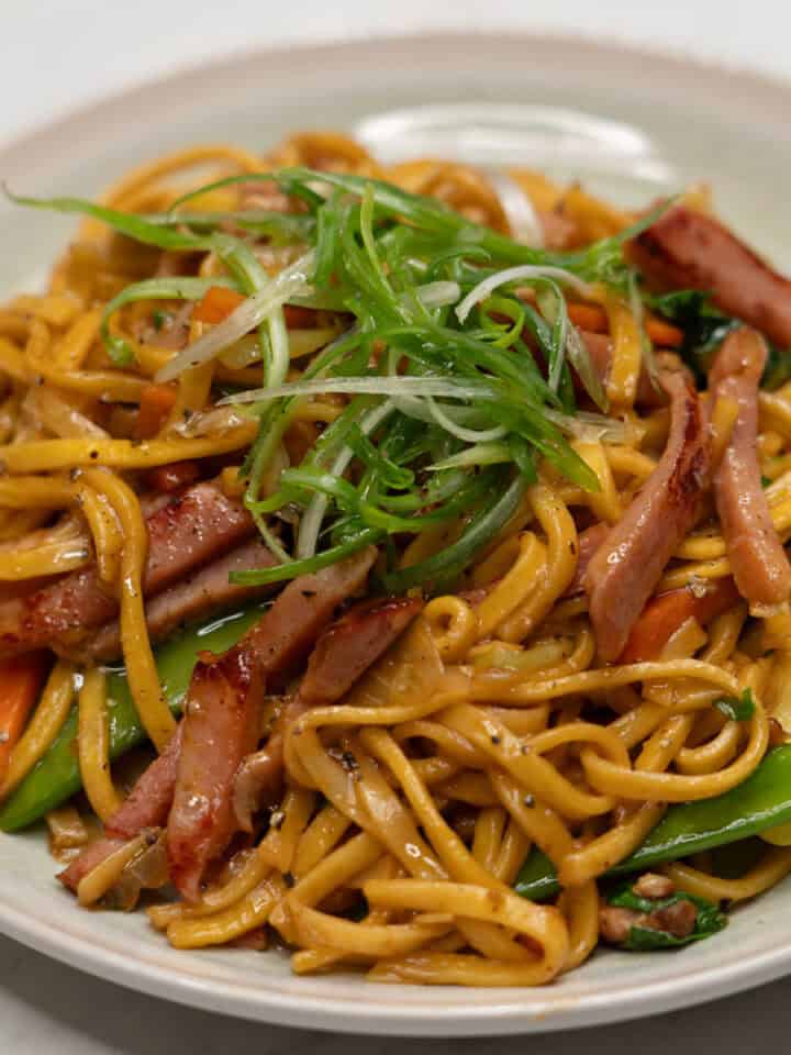 Pancit Canton with Hamon (Easy Leftover Ham Recipe) on a plate