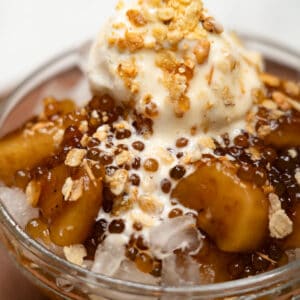 Saging con Yelo (Sweetened Bananas with Ice and Milk) in a bowl