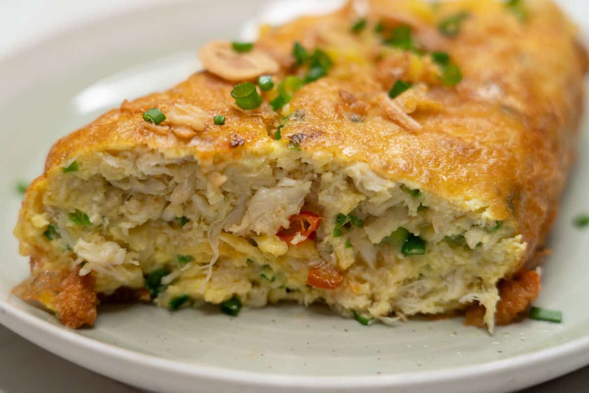 Tortang alimasag (crab omelet) cut in half.