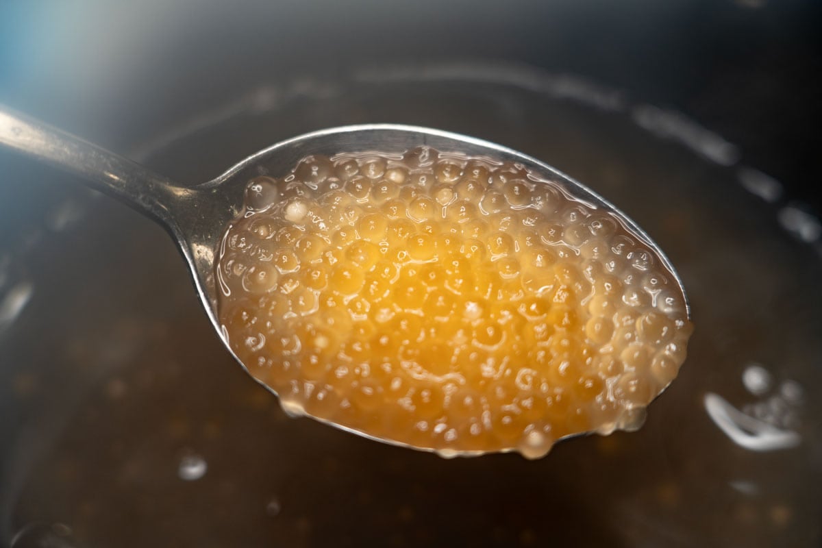 Cooked sago in a spoon.