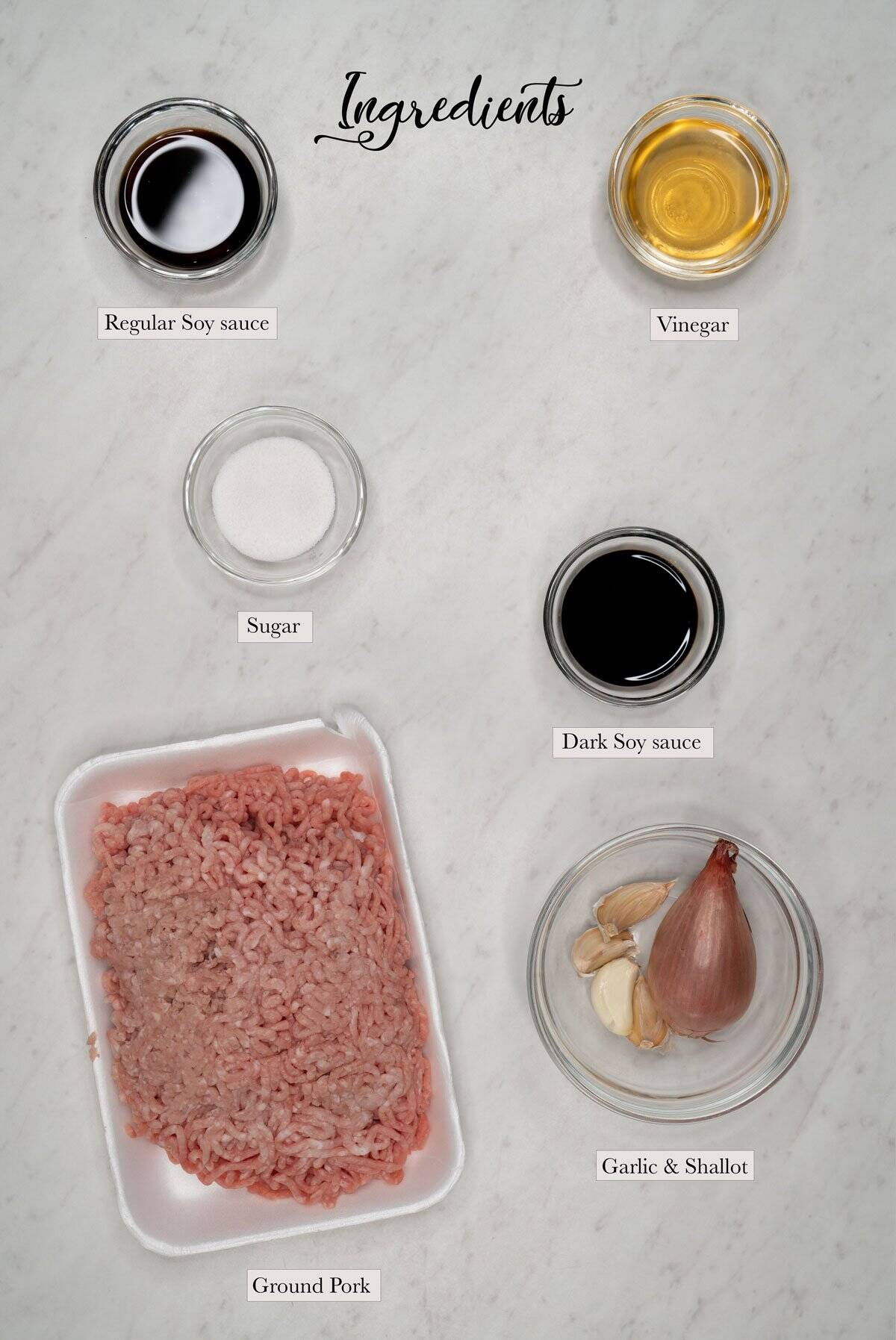 Individual ingredients for adobong giniling.
