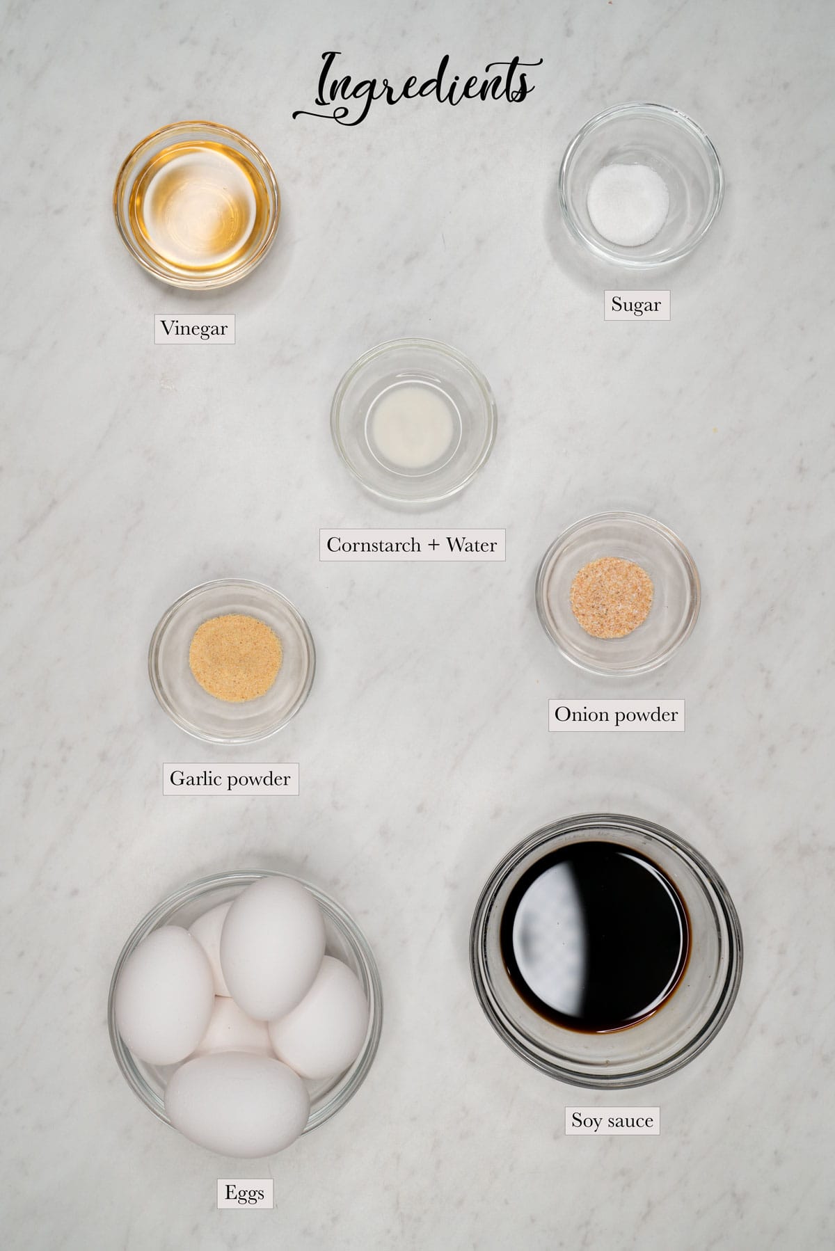 Individual ingredients for adobong itlog