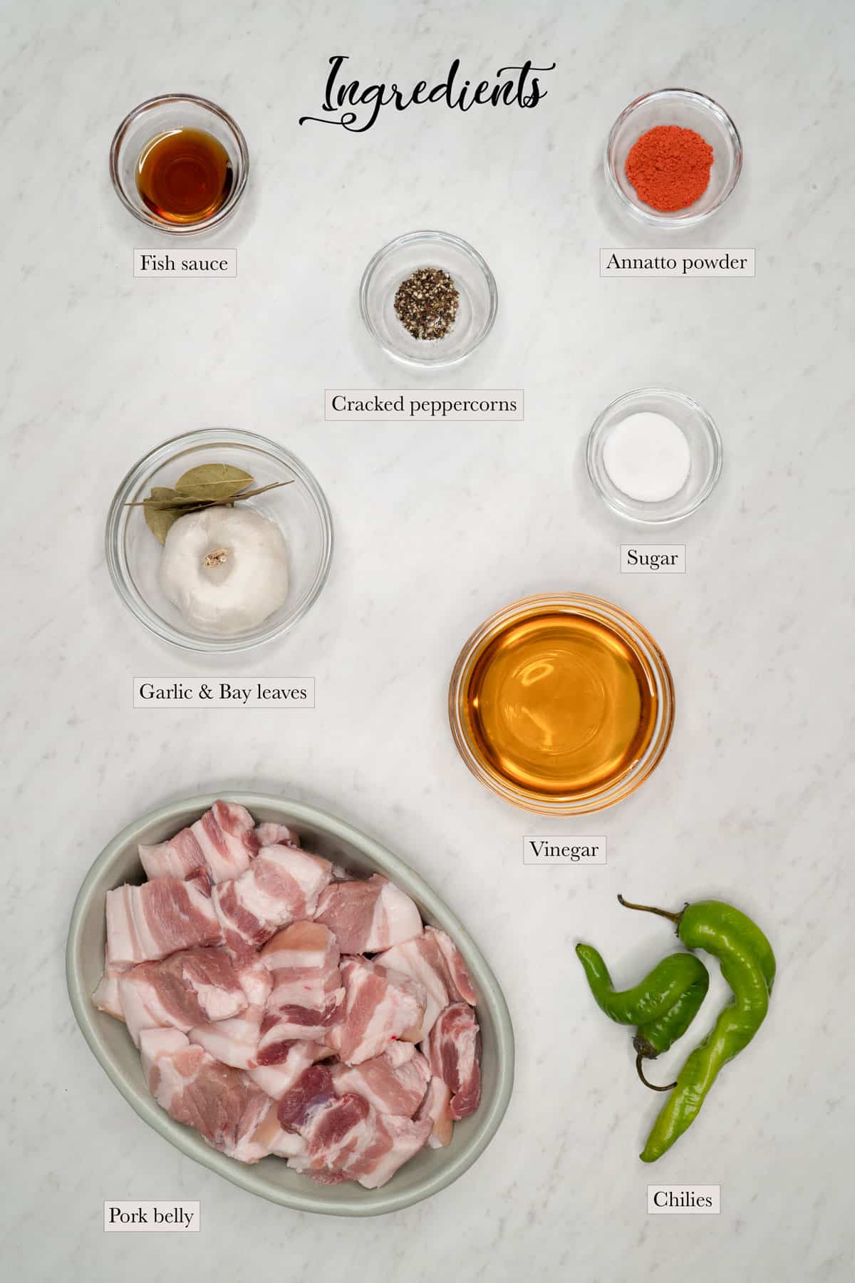 Individual ingredients for adobong pula.