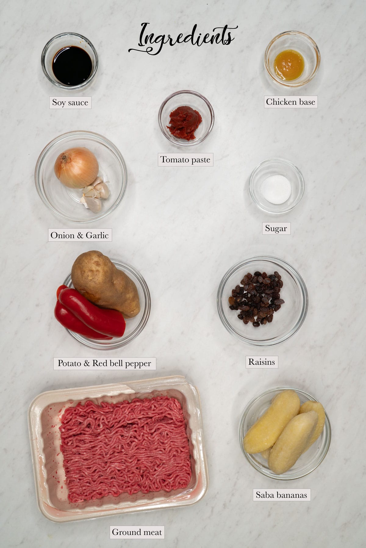 Individual ingredients for Arroz a la Cubana.