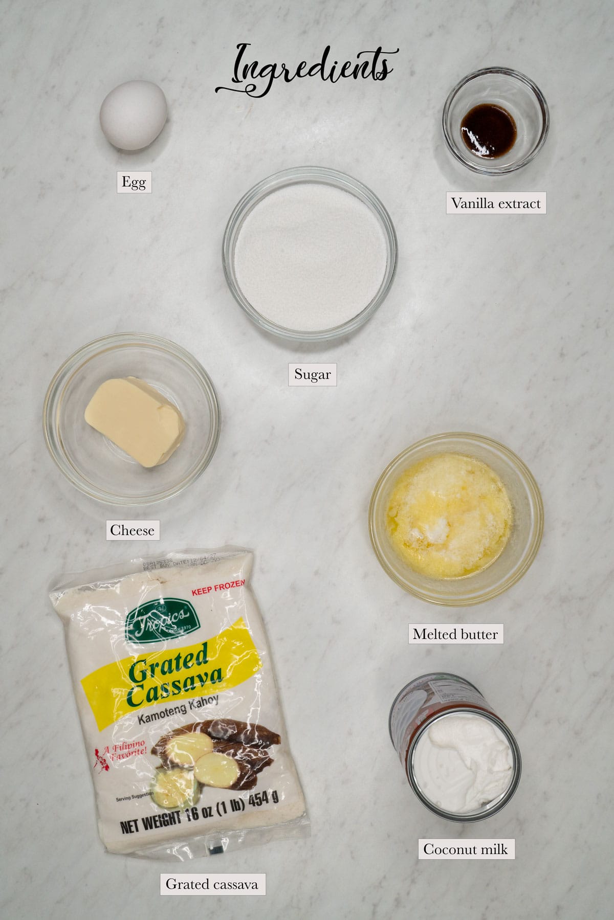 Individual ingredients for cassava cake (budin).