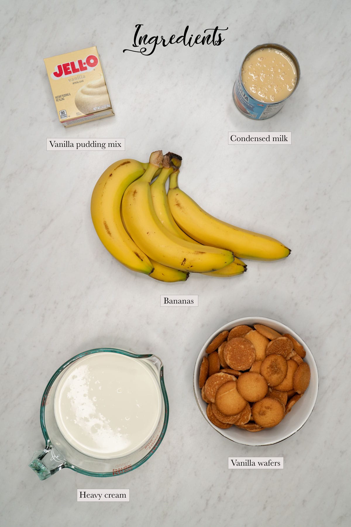 Individual ingredients for banana pudding.
