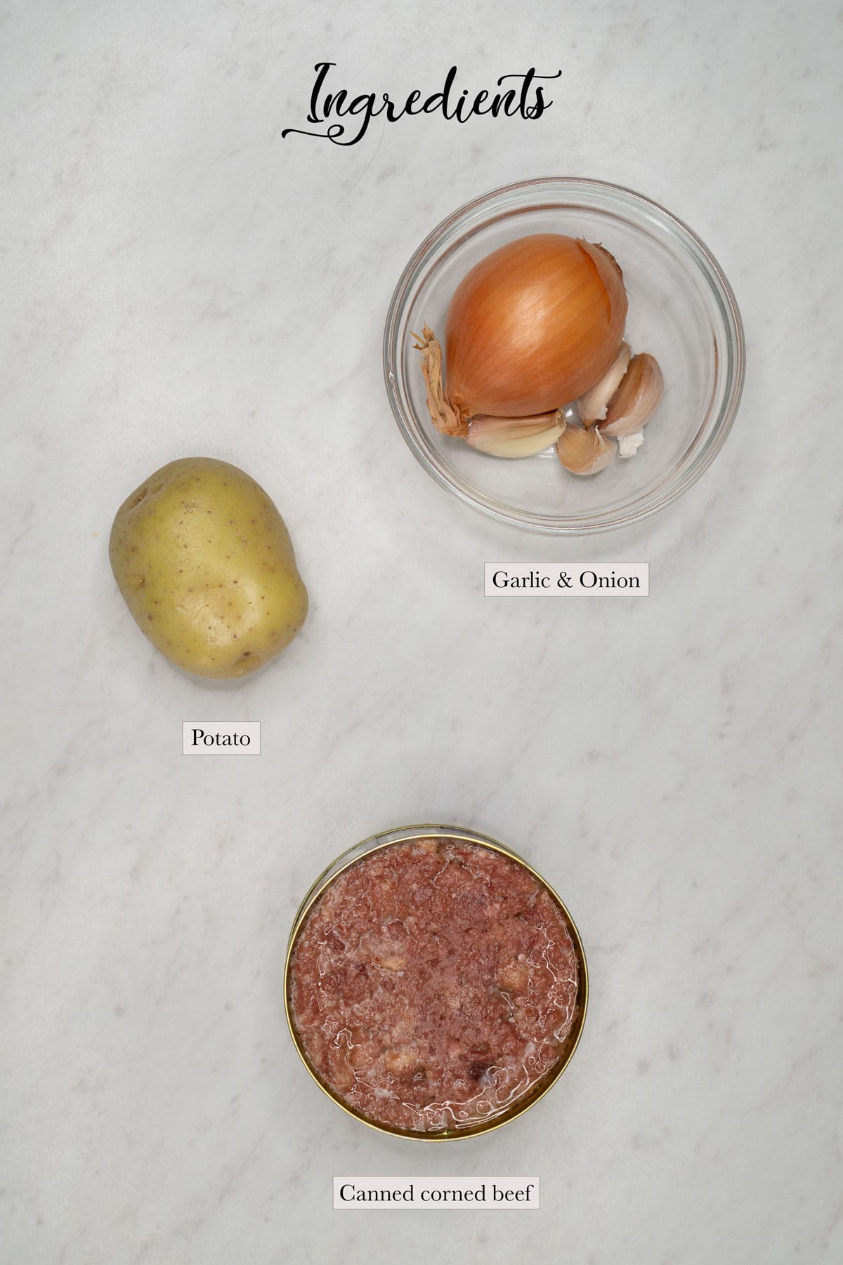 Individual ingredients for ginisang corned beef.