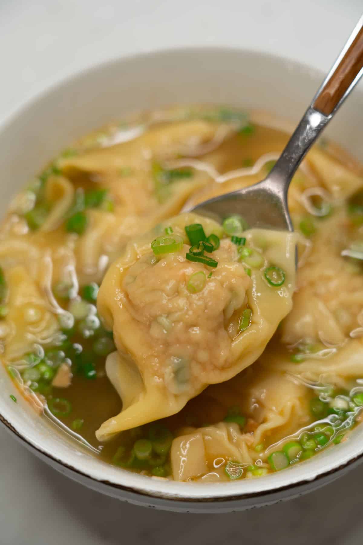 Pancit molo on a spoon.