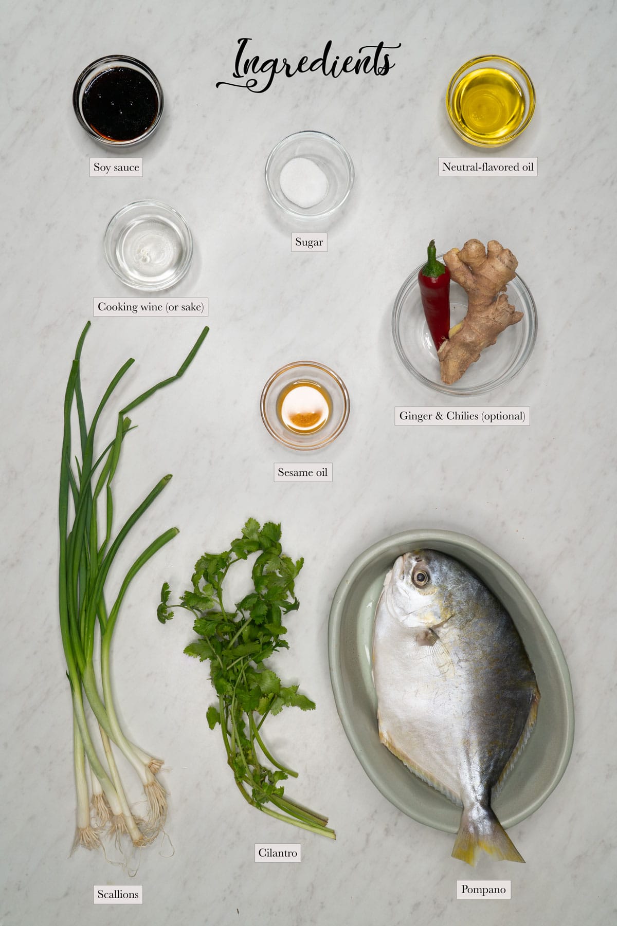 Individual ingredients for steamed pompano fish with ginger scallion sauce.