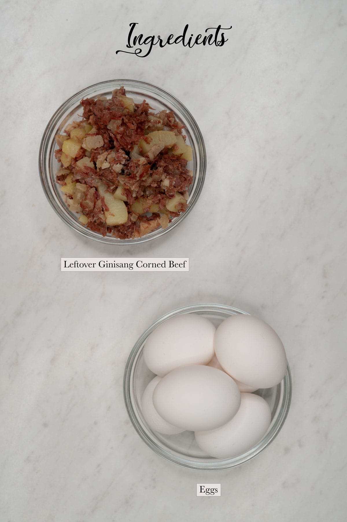 Individual ingredients for tortang corned beef.