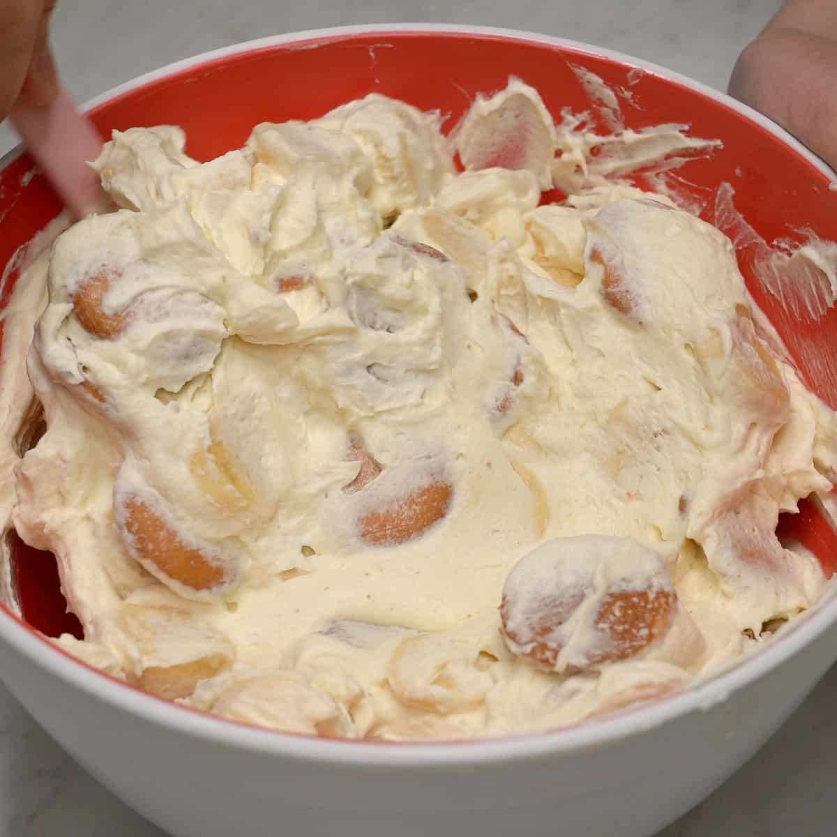Banana pudding in a bowl.