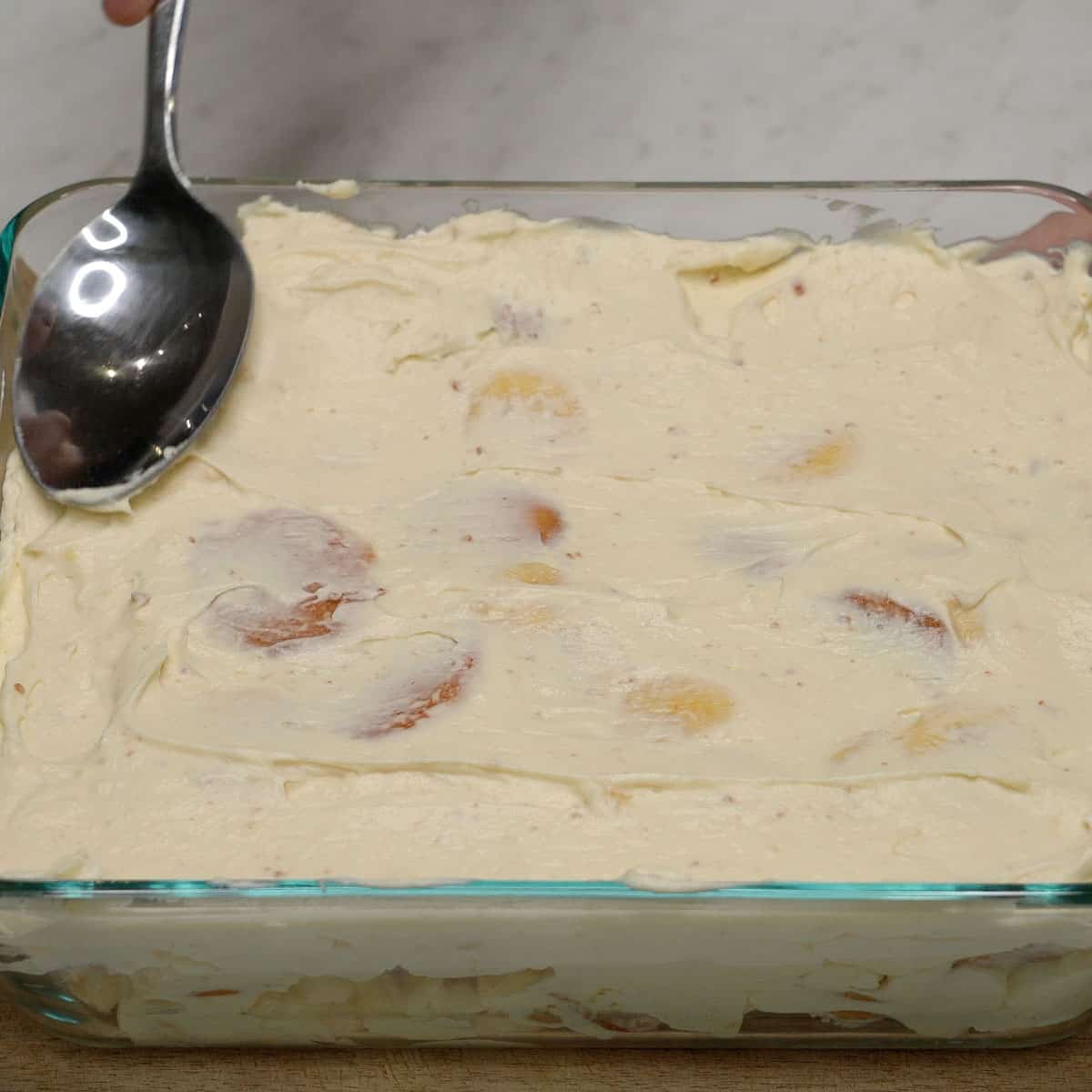 Banana pudding in a rectangular dish.