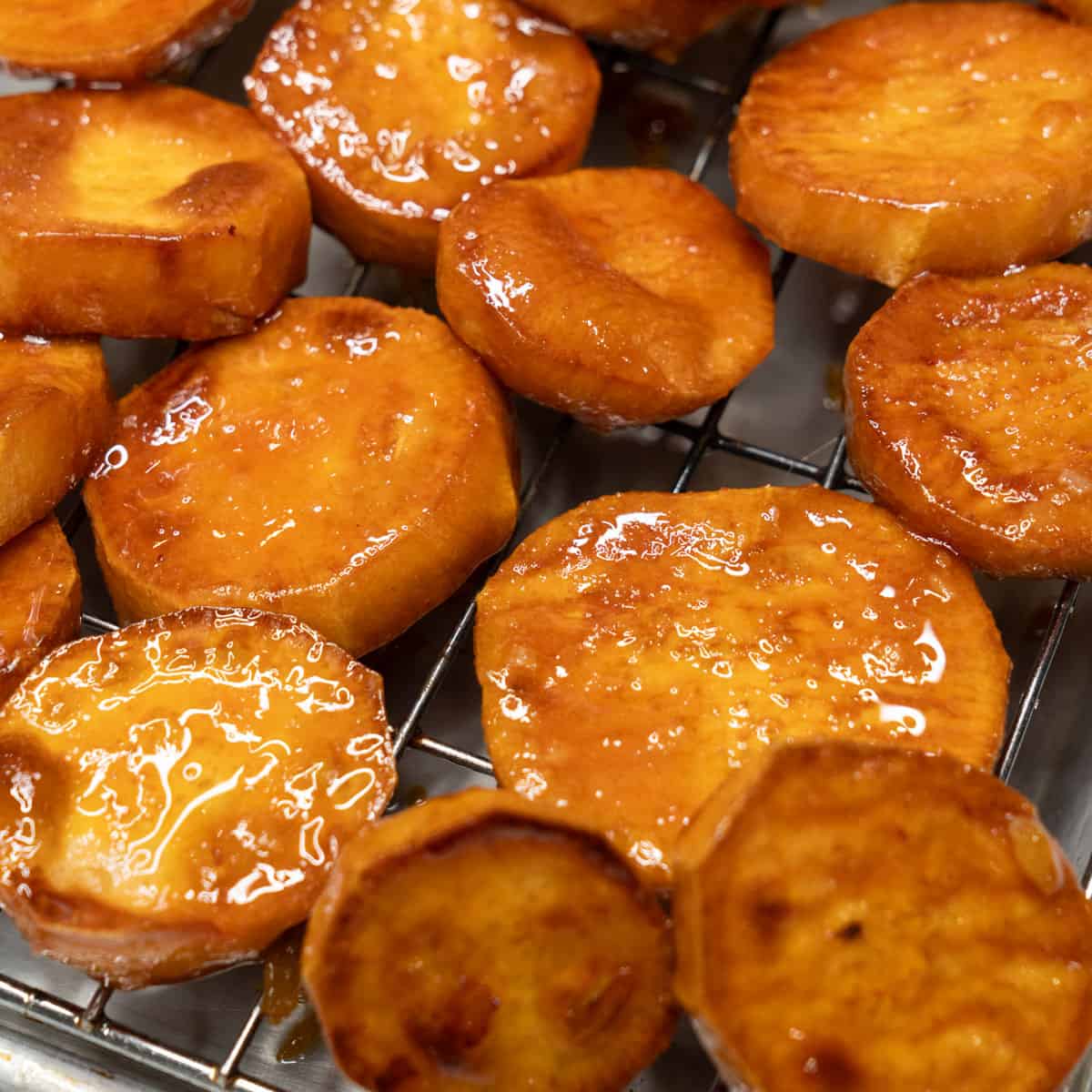 Kamote cue pieces on a wire rack