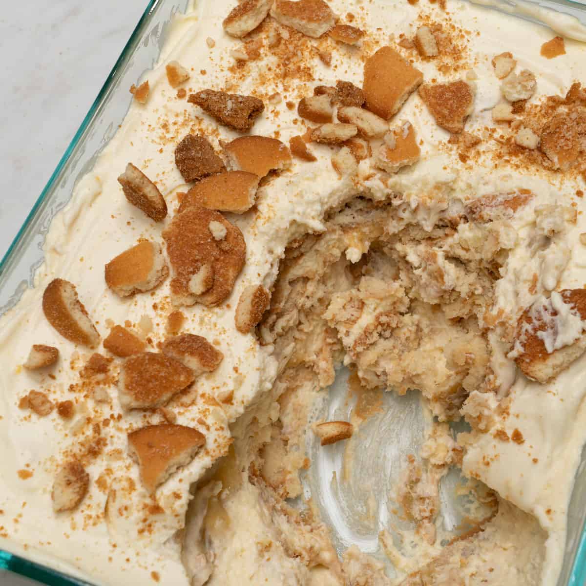 Banana pudding top with crackers in a dish.