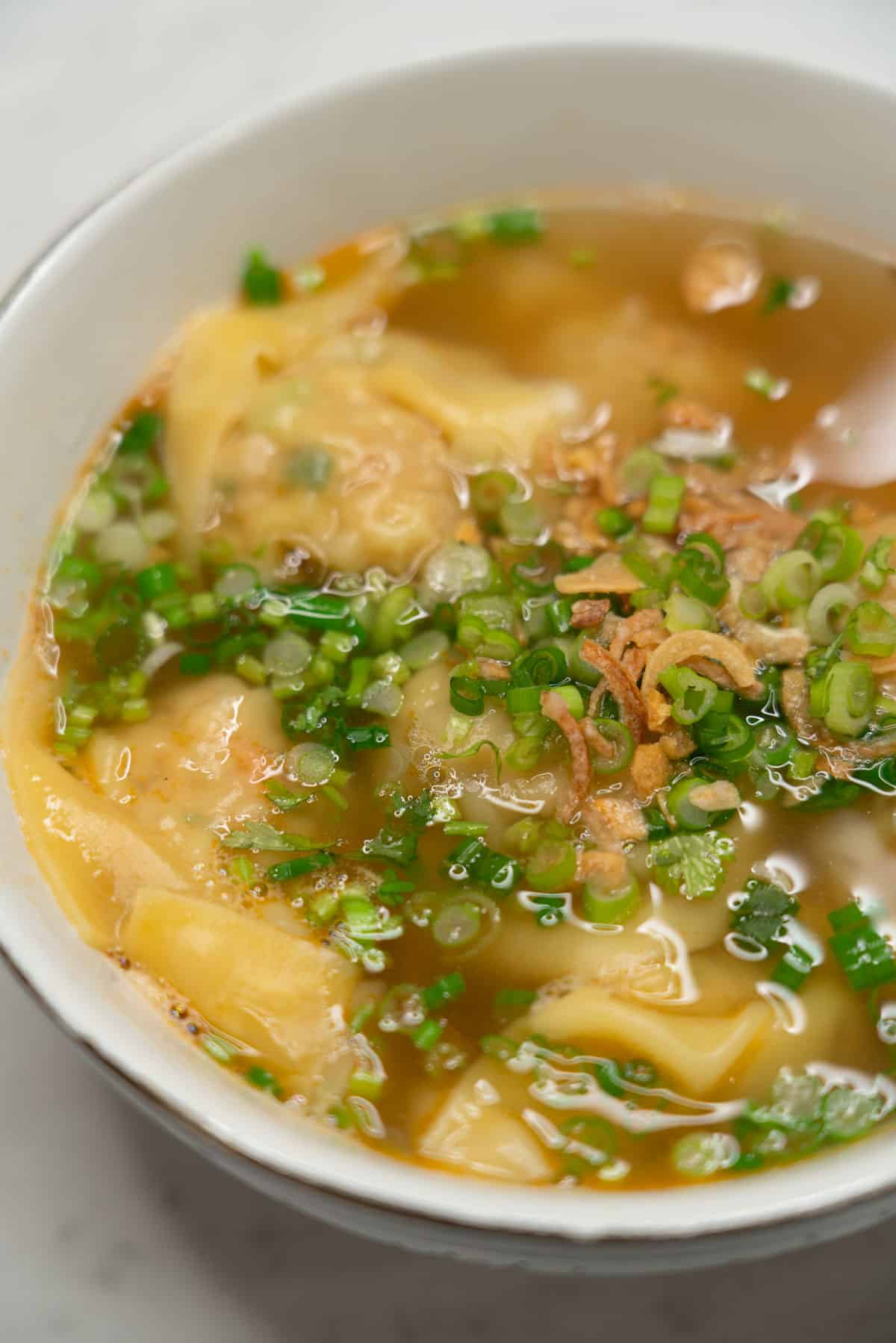 Pancit molo in a bowl.