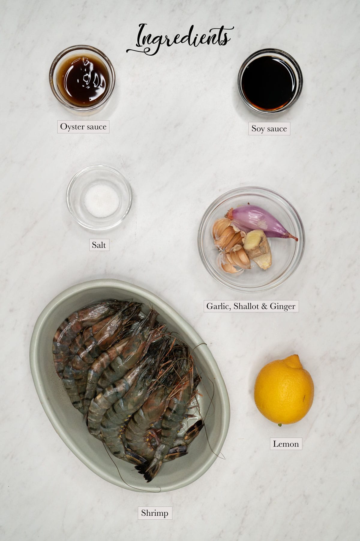 Individual ingredients for adobong hipon