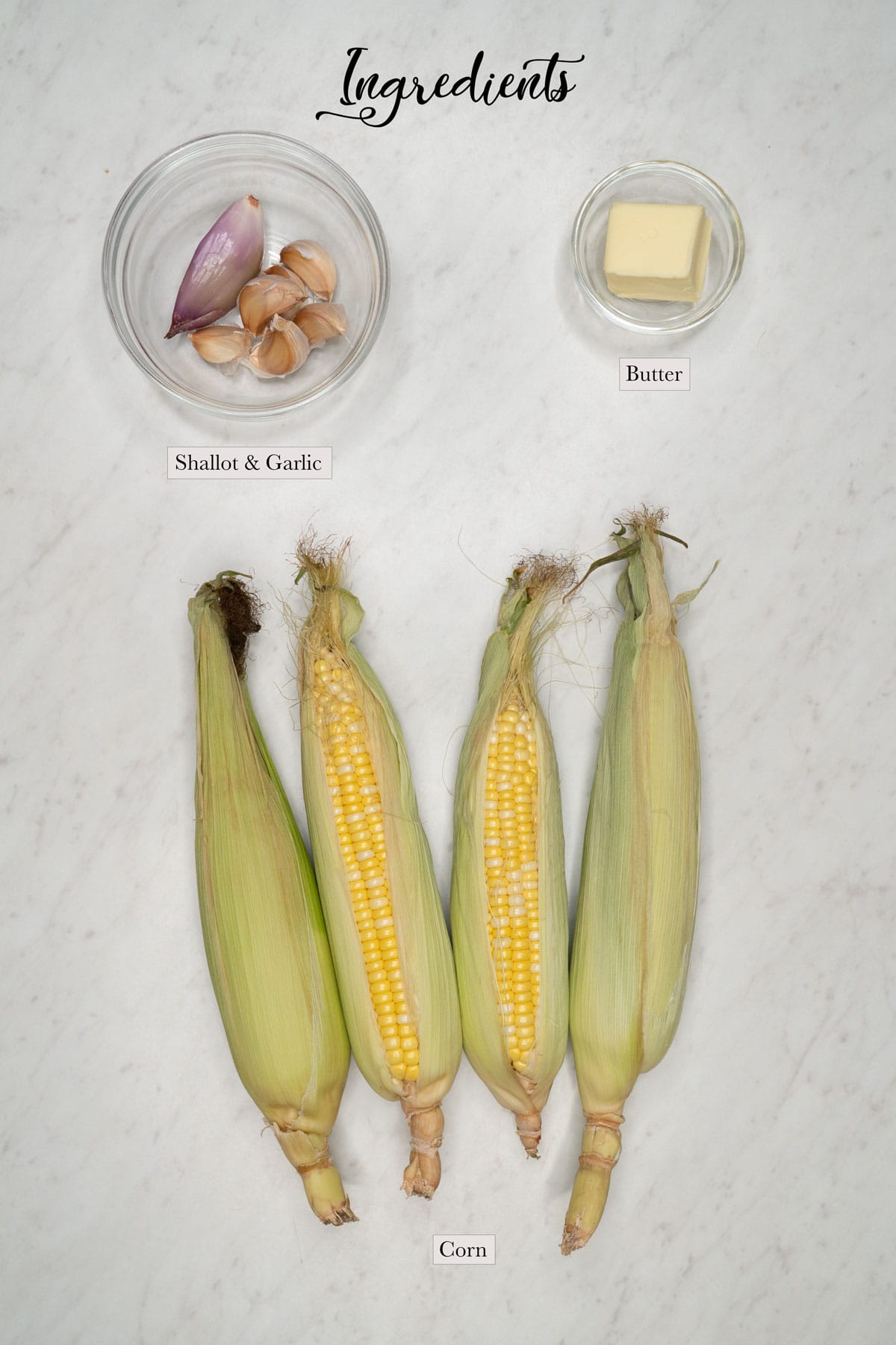 Individual ingredients for adobong mais.