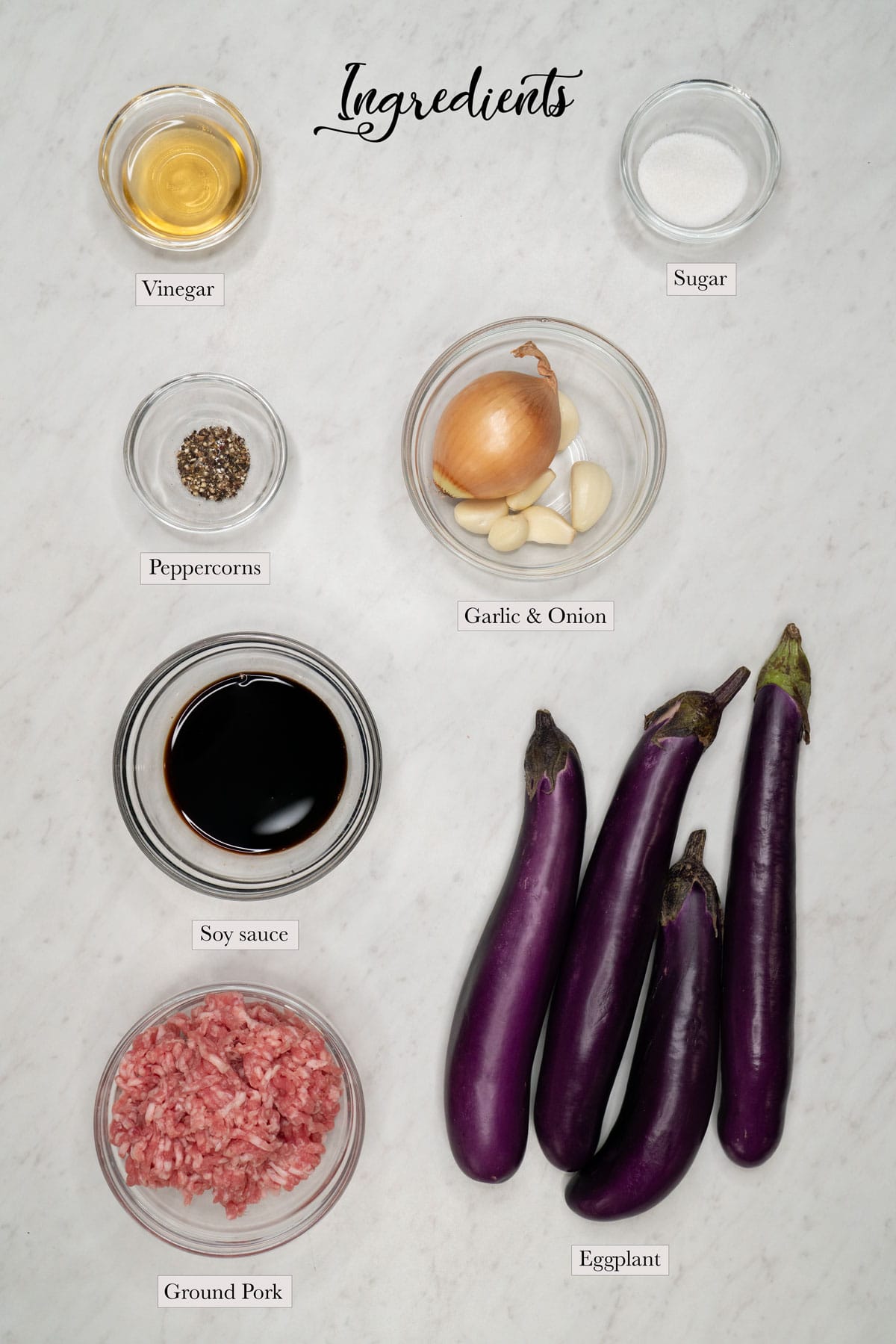 Individual ingredients for adobong talong with giniling