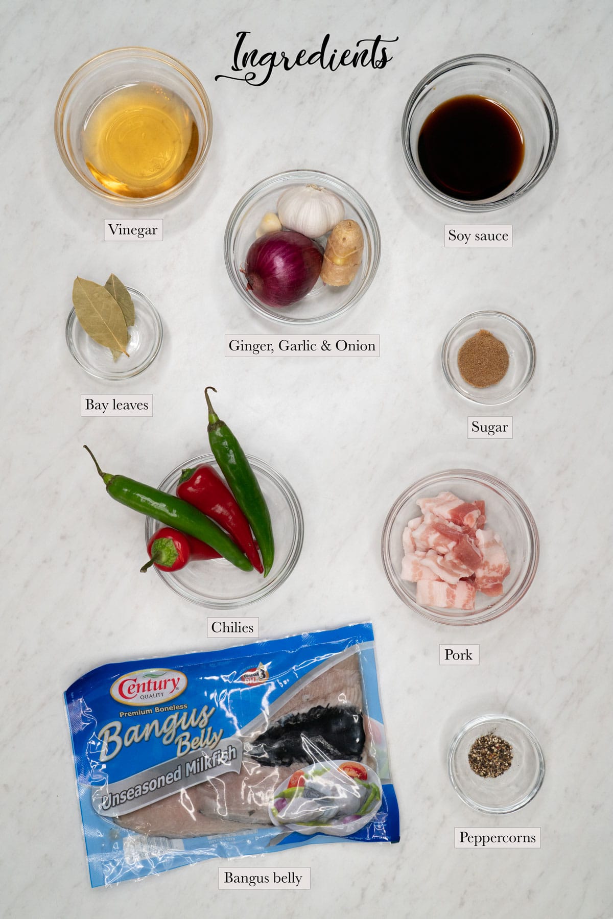 Individual ingredients for adobong bangus
