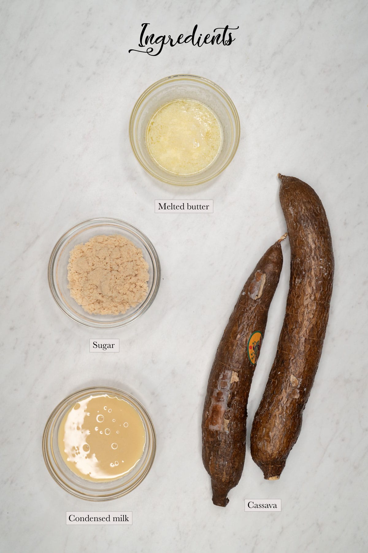 Individual ingredients for nilupak na kamoteng kahoy.