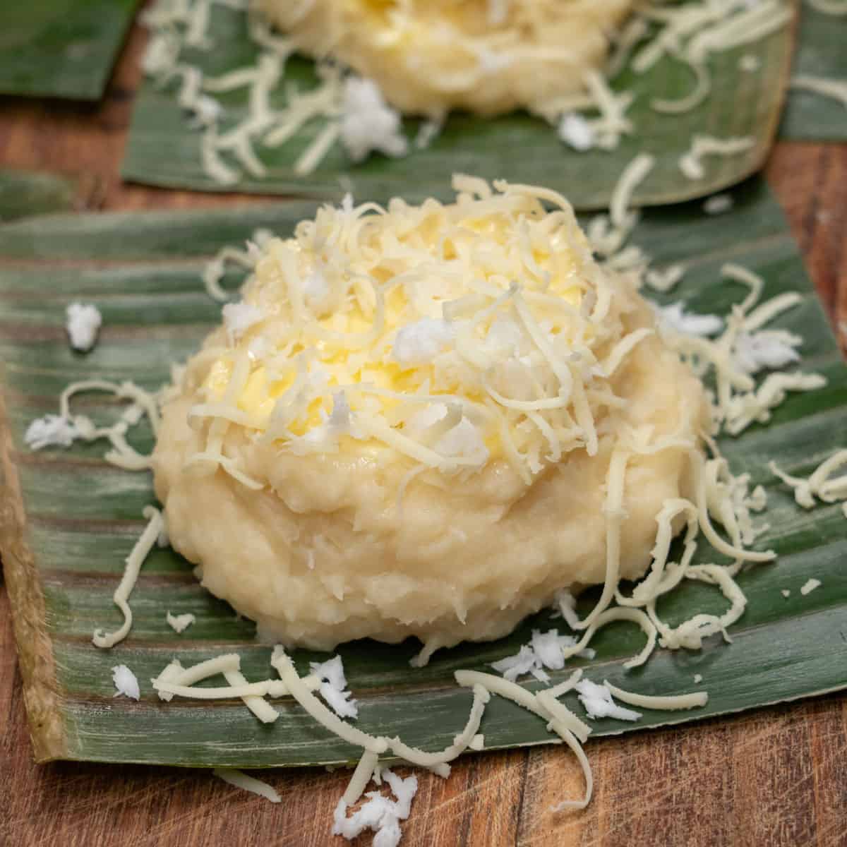 Nilupak na kamoteng kahoy with toppings.