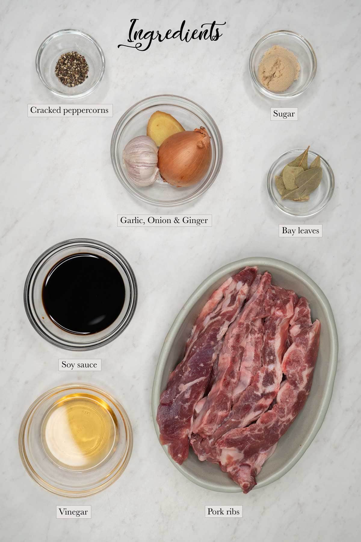 Individual ingredients for pork ribs adobo