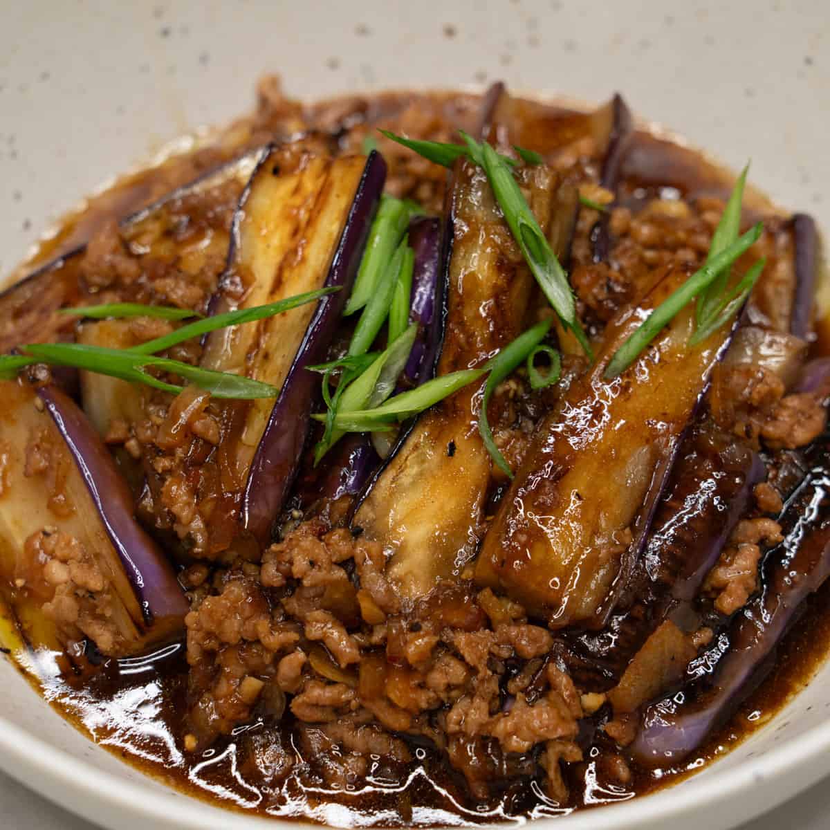 Adobong talong with giniling served in a bowl.