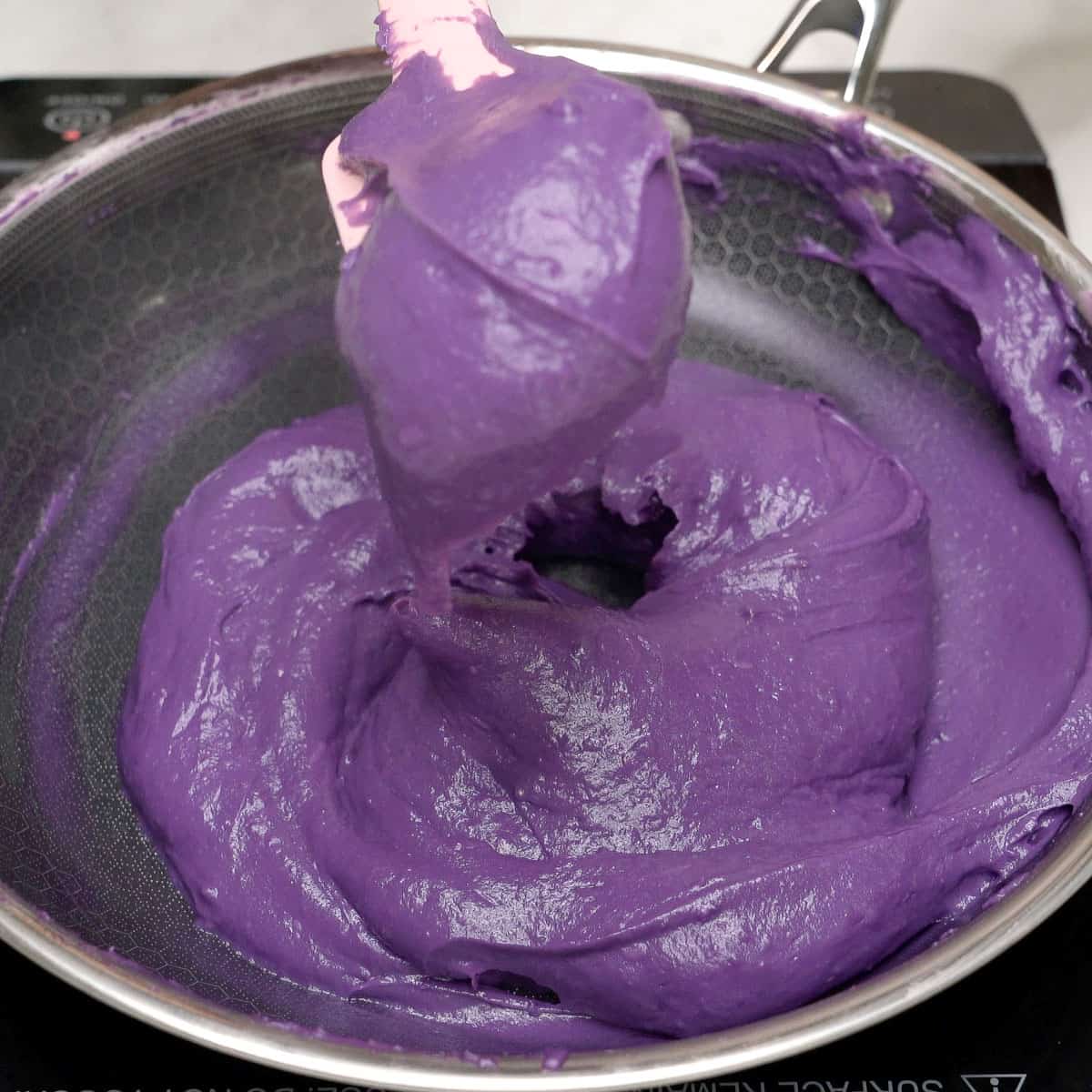 Cooked ube layer in the pan.