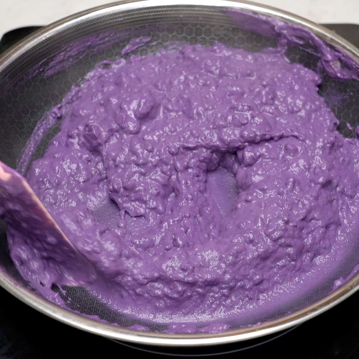 Cooking the ube layer.