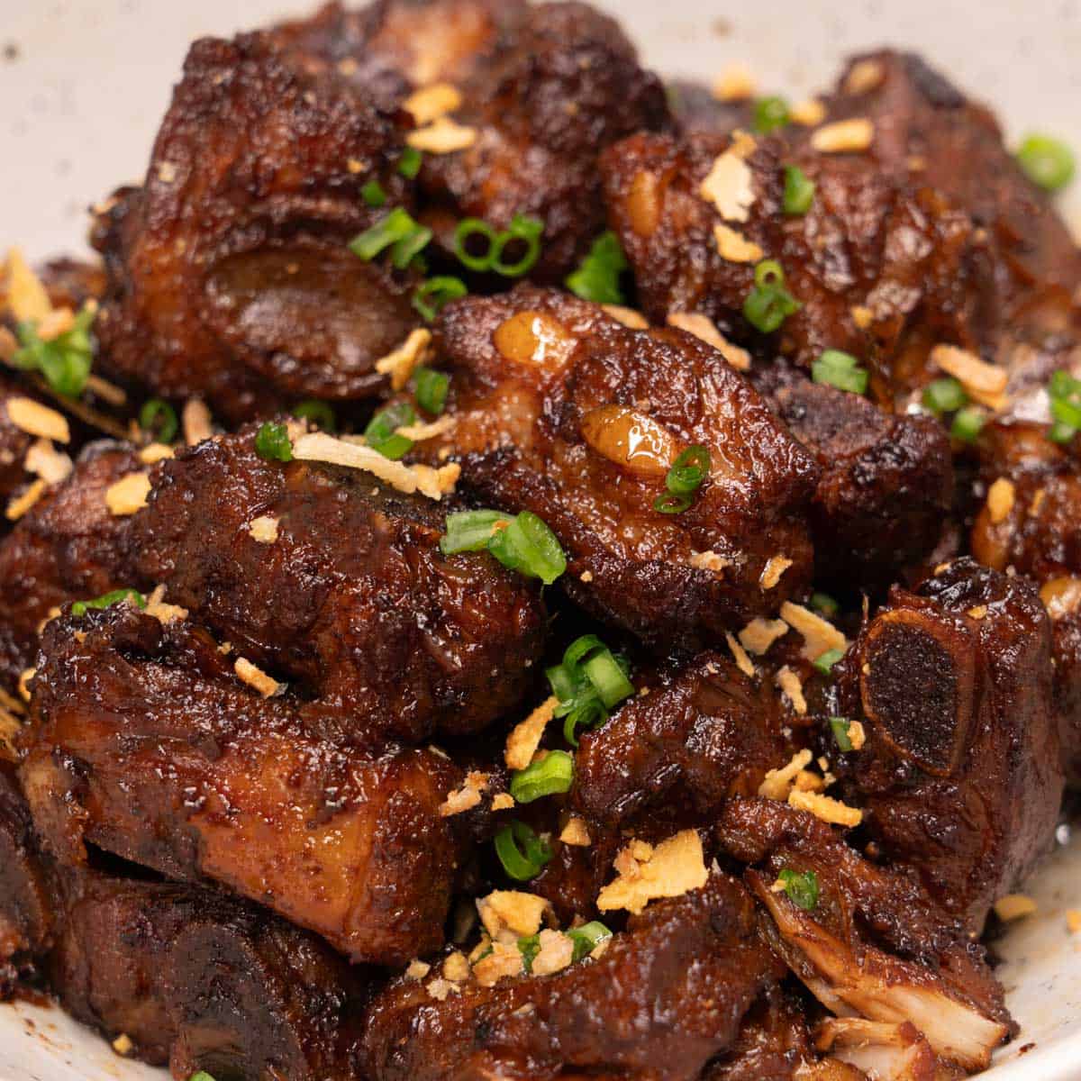 Pork Adobo Ribs with scallions and fried garlic.
