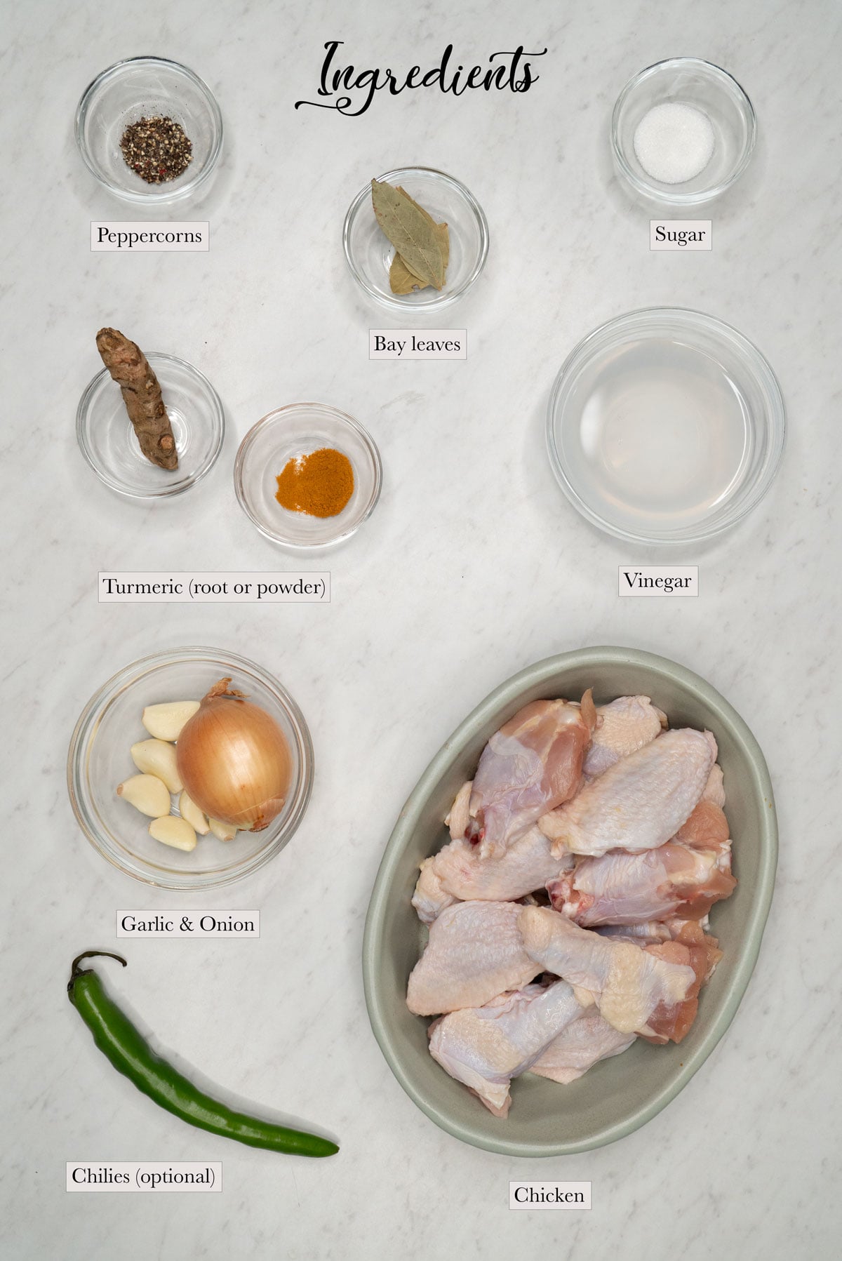 Individual ingredients for adobong dilaw