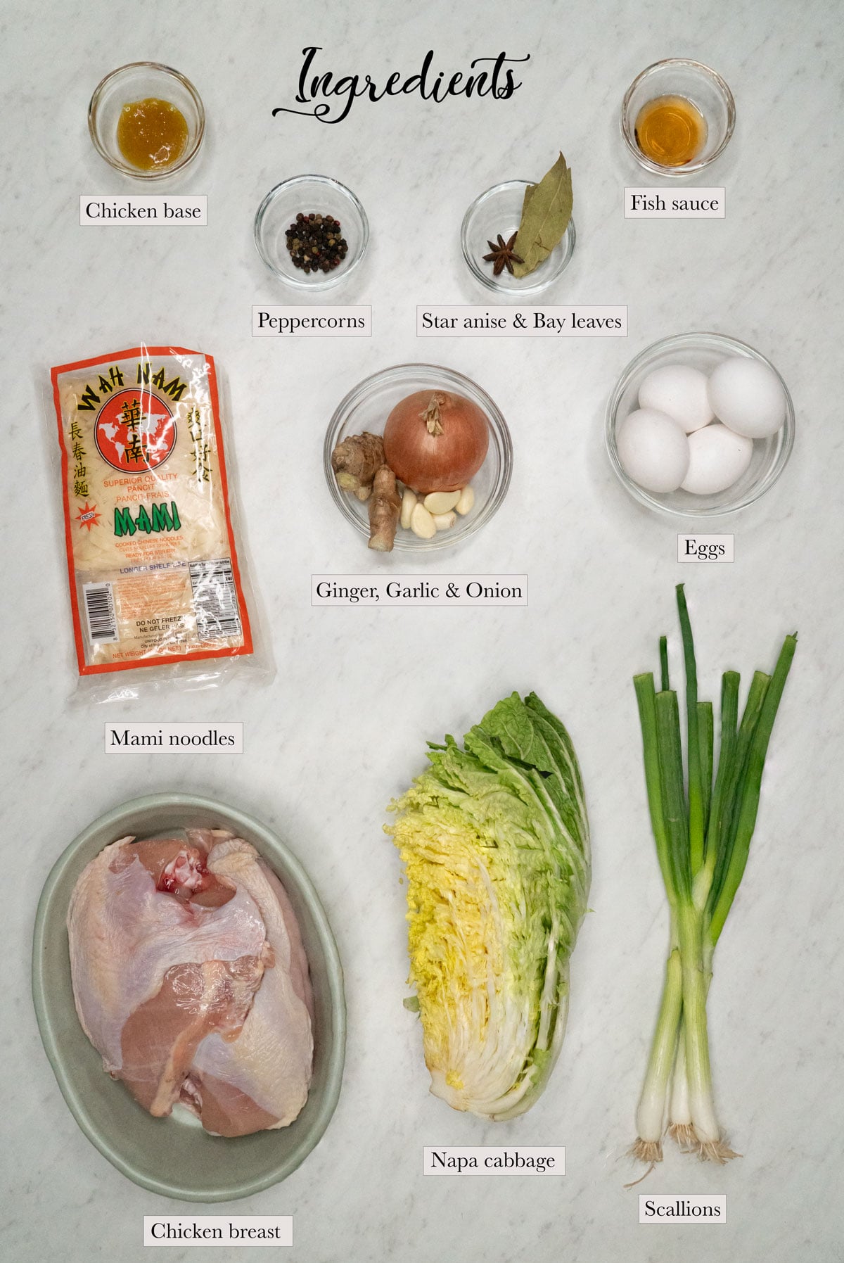 Individual ingredients for chicken mami