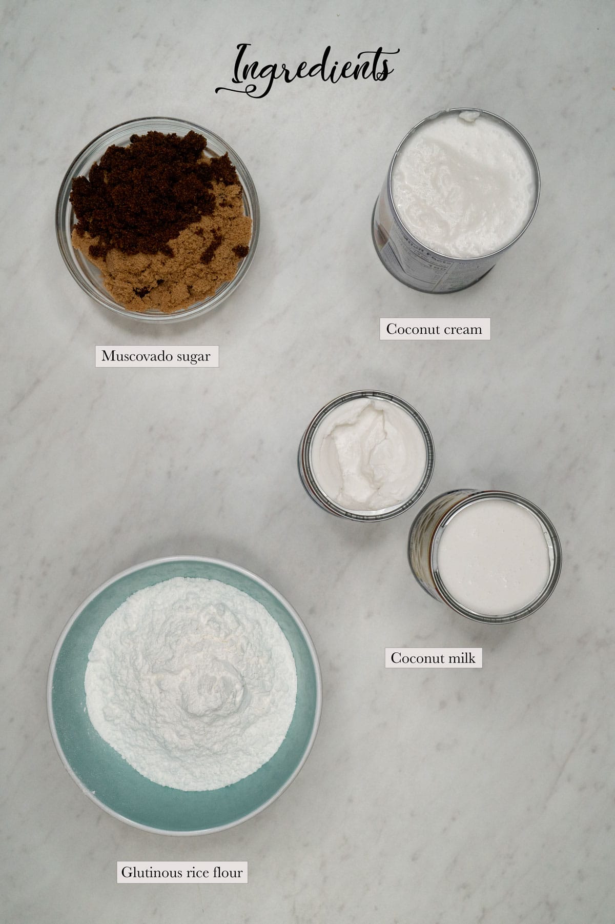 Individual ingredients for kalamay hati.