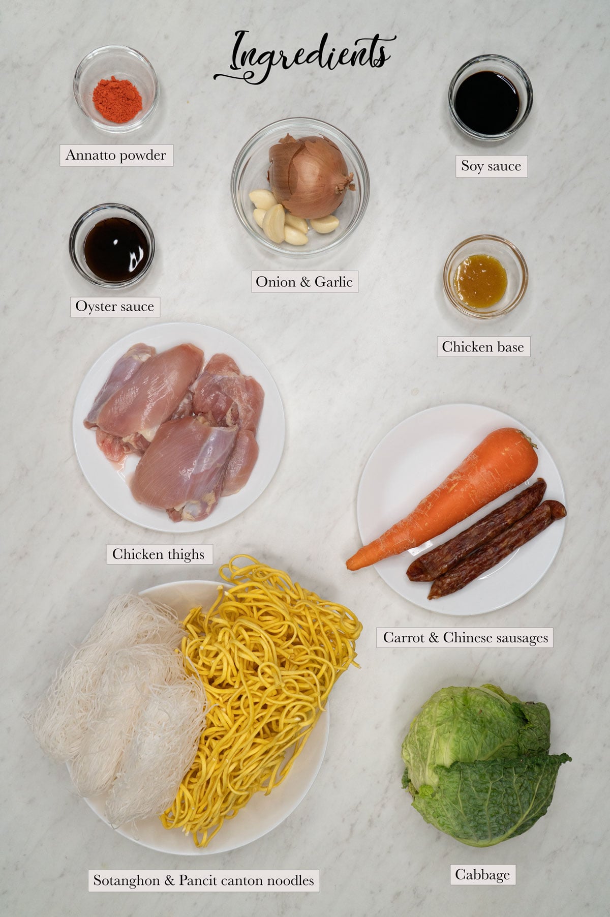Individual ingredients for pancit bam-i.