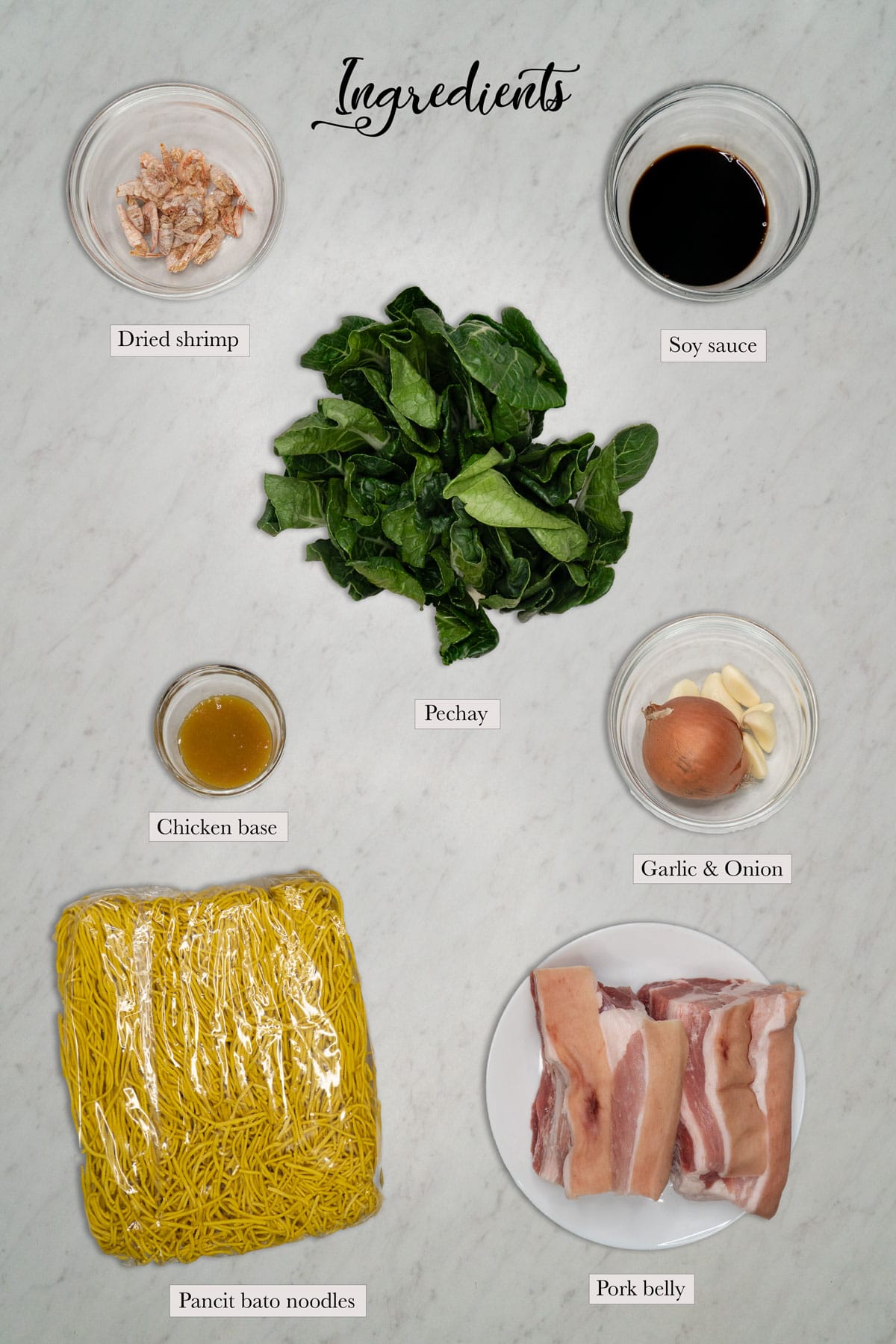 Individual ingredients for pancit bato