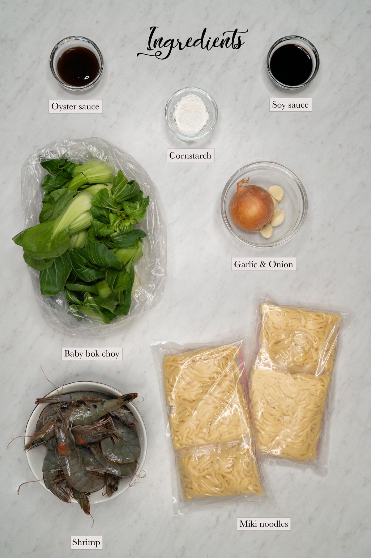 Individual ingredients for pancit chami with shrimp