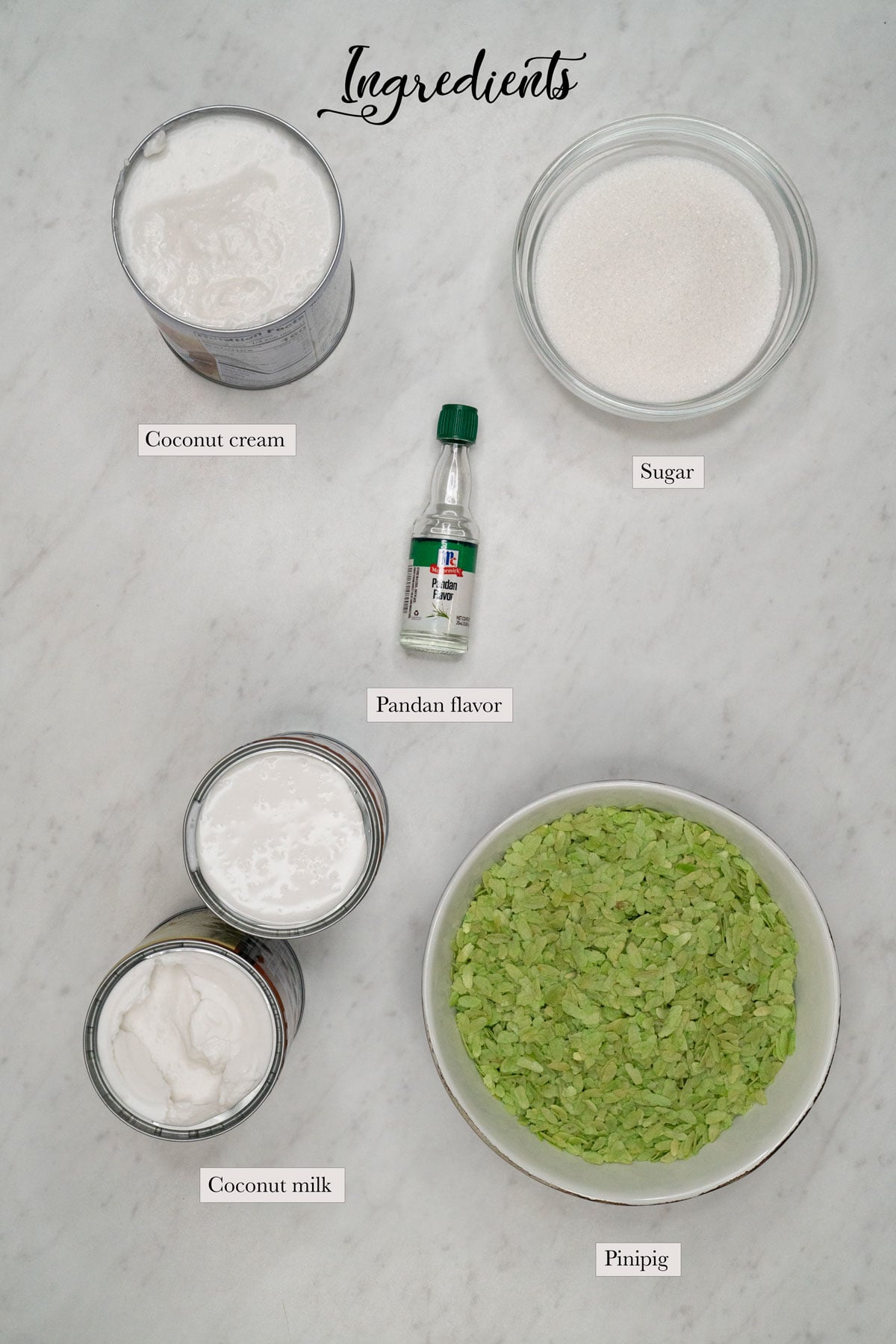 Individual ingredients for suman pinipig with latik