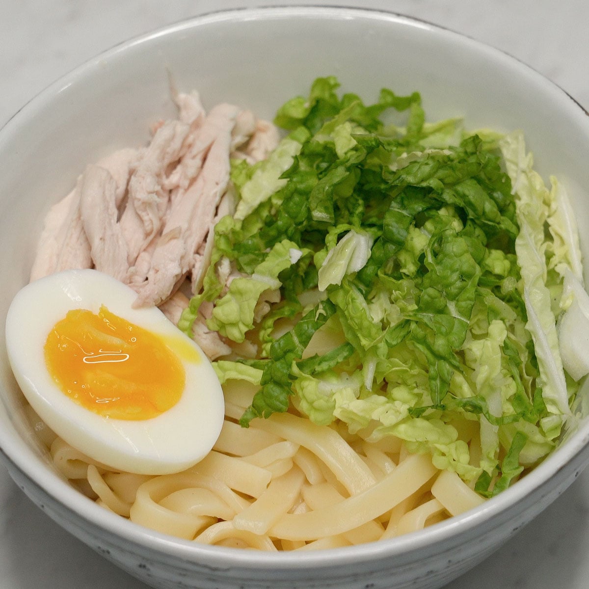 A bowl with noodles, shredded chicken, boiled egg, and napa cabbage, without the broth.