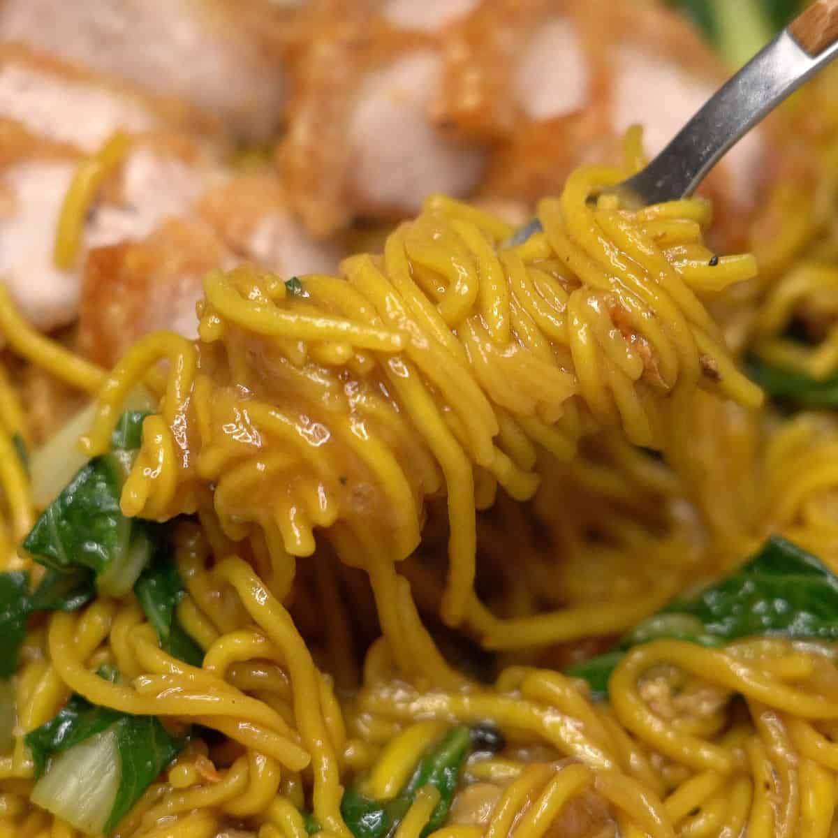 Pancit bato on a fork.