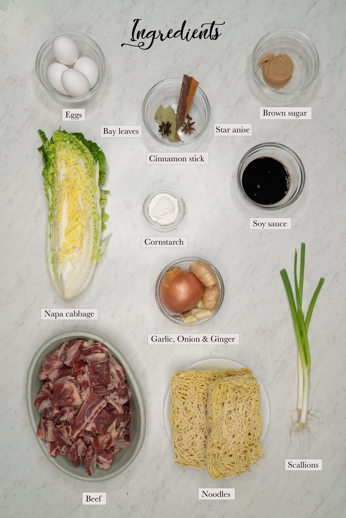 Individual ingredients for beef mami
