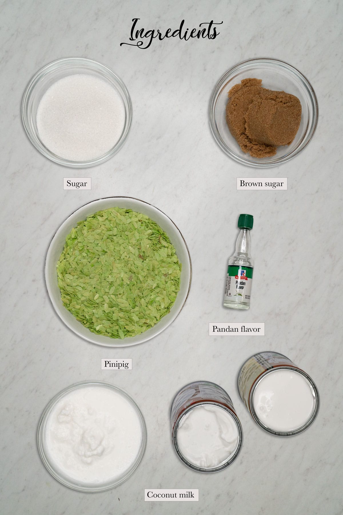 Individual ingredients for bibingkang pinipig
