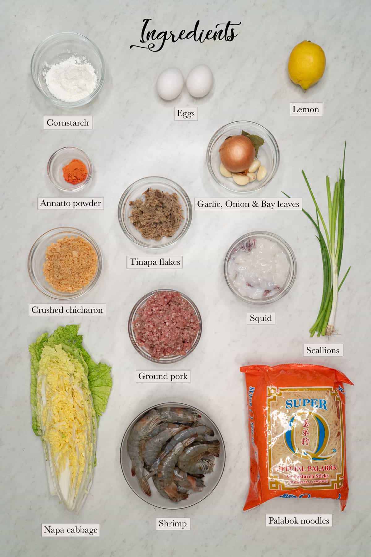 Individual ingredients for pancit malabon.