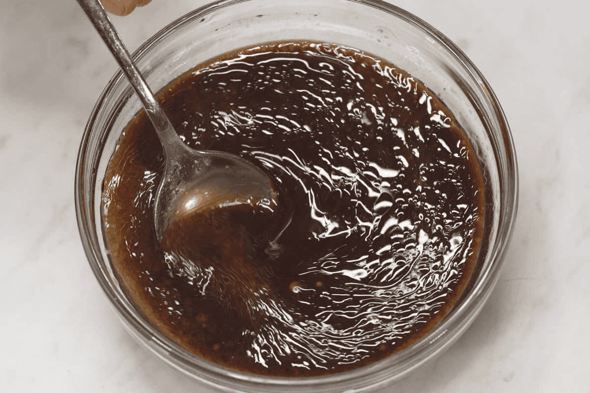 Mixing the sauce in the bowl.