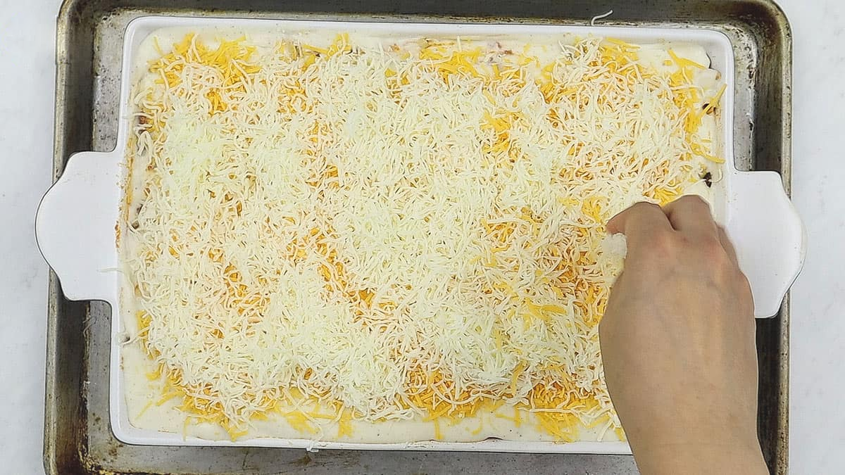 Adding cheese on top of the bechamel sauce.
