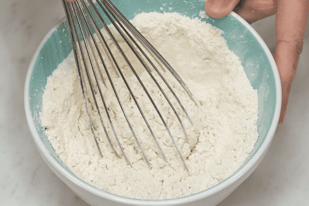 Mixing the dry ingredients in the bowl.